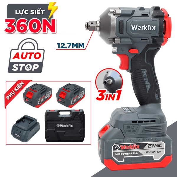 Máy siết bulong pin Workfix WF-IW360N, lực siết 360N.m, đầu 2 trong 1