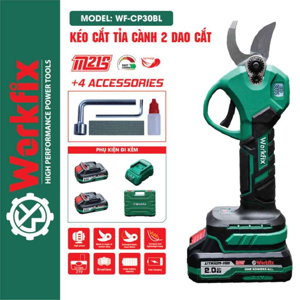 Kéo cắt cành pin Workfix WF-CP30BL (Lưỡi thép SK5) - Có màn hình LED