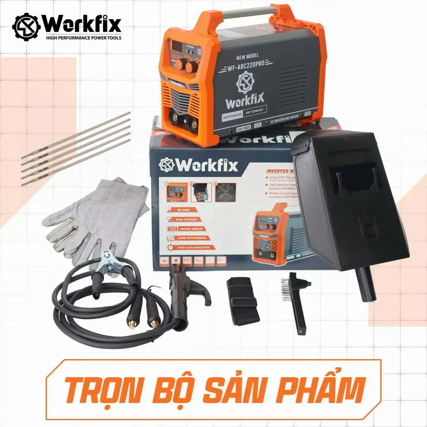 Máy hàn điện tử Workfix WF-ARC220PRO, công nghệ INVERTER IGBT , hàn que từ 1,6 – 4mm, bảo hành 12 tháng