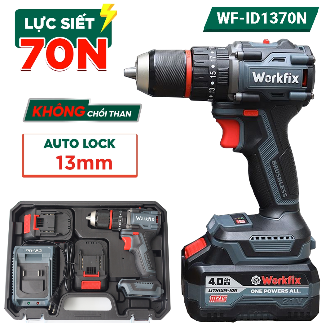 Máy khoan pin 13mm Workfix WF-ID1370N Lực siết 70N.m Autolock Không chổi than, bộ 2 Pin 10Cell ,chân pin phổ thông