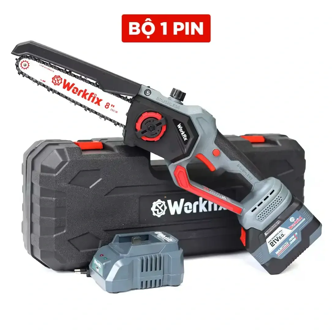 Máy cưa xích pin 8inch WORKFIX WF-CS08BL, Tra Nhớt Tự Động, không chổi than