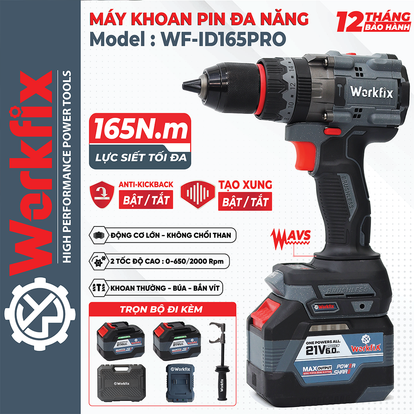 Máy khoan pin Workfix WF-ID165PRO, lực 165N, chống lật cổ tay, giảm chấn AVS