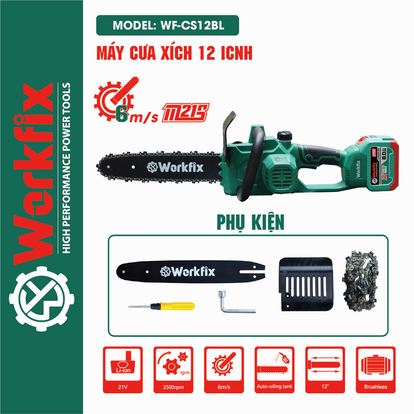 Máy Cưa Gỗ Cầm Tay Workfix WF-CS12BL 21V - Lam Xích 30cm Kèm 2 Pin 15 Cell