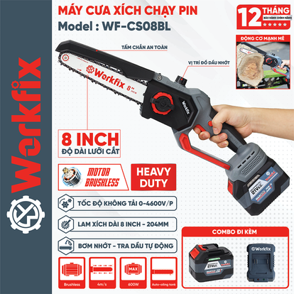 Máy cưa xích pin 8inch WORKFIX WF-CS08BL, Tra Nhớt Tự Động, không chổi than