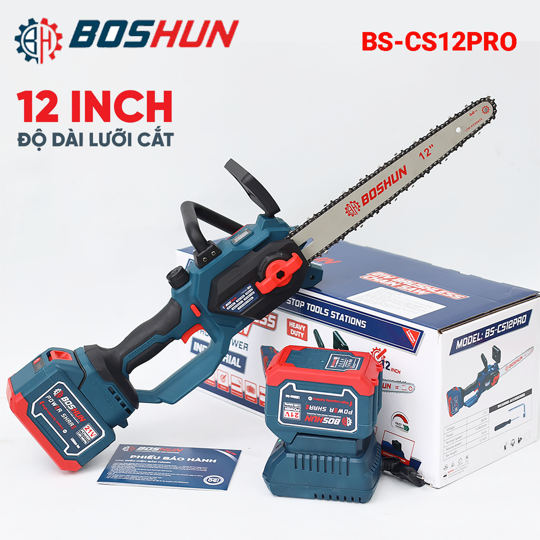 Máy cưa cầm tay 12 inch Boshun BS-CS12PRO, màn hình led hiện đại, pin 15 cell, không chổi than