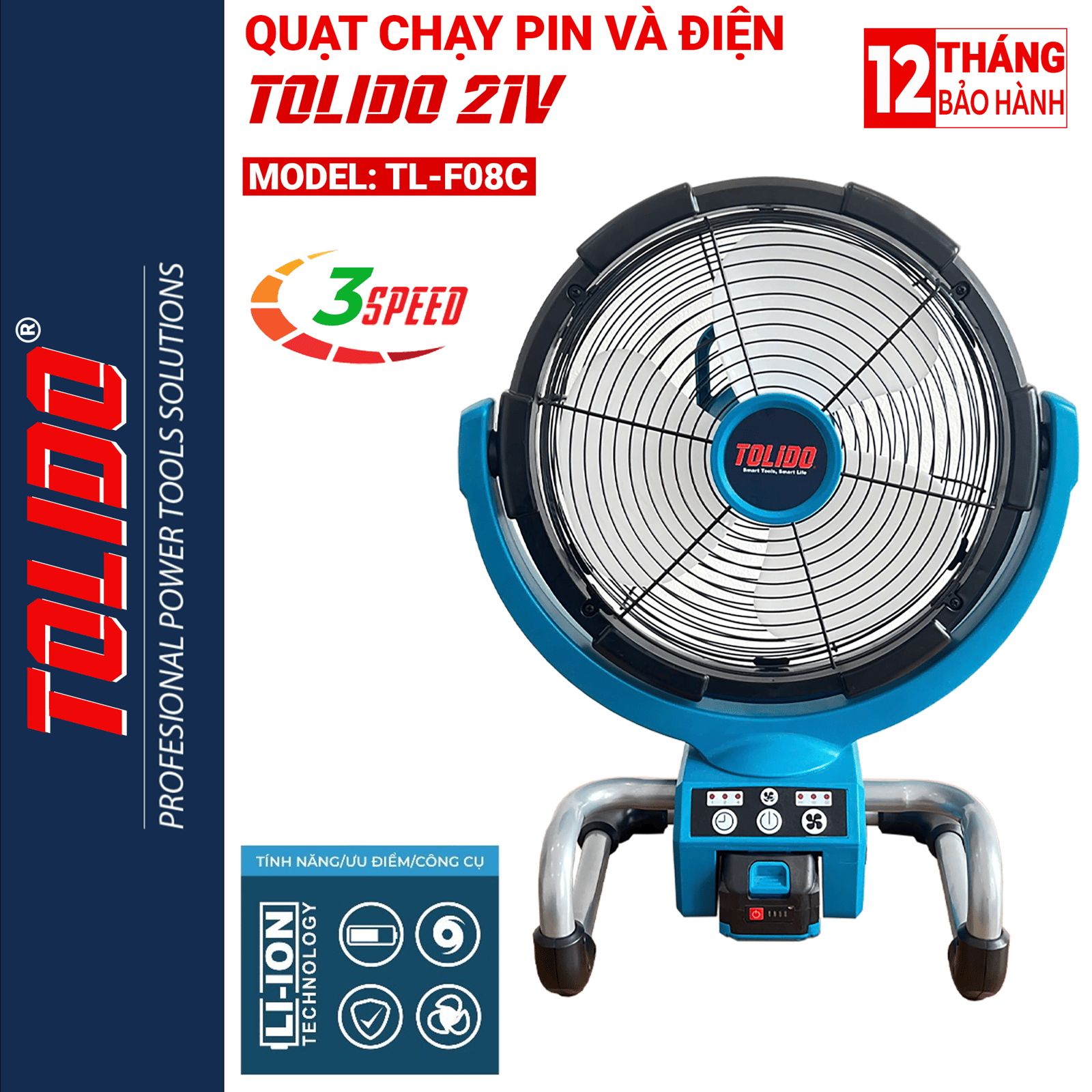 Quạt tích điện TOLIDO 21V, quạt dùng pin hoặc cắm điện, 3 cấp độ gió, chân pin phổ thông. - image 1