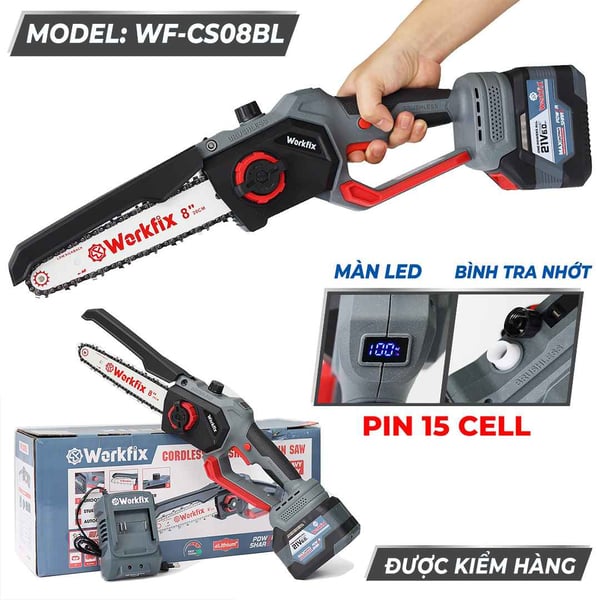 Máy cưa xích pin 8inch WORKFIX WF-CS08BL, Tra Nhớt Tự Động